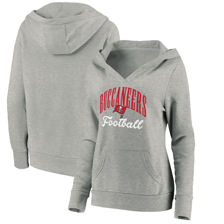 Women Tampa Bay Buccaneers Fanatics Branded Heathered Gray Victory Script V-Neck Pullover Hoodie